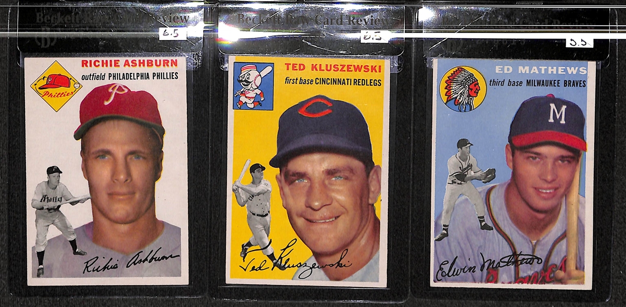 Lot of 5 - 1954 Topps Richie Ashburn #45, Ted Kluszewski #7, Ed Mathews #30,  Junior Gilliam #35, & Hoyt Wilhelm #36-BVG 6.5/ 6.5/ 5.5/ 5.5/ 4.5. 